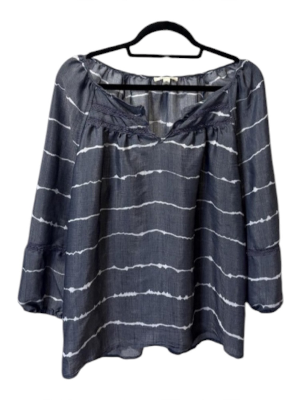 COMO BLU Women's Navy Striped Peasant Blouse with Scoop Neck
